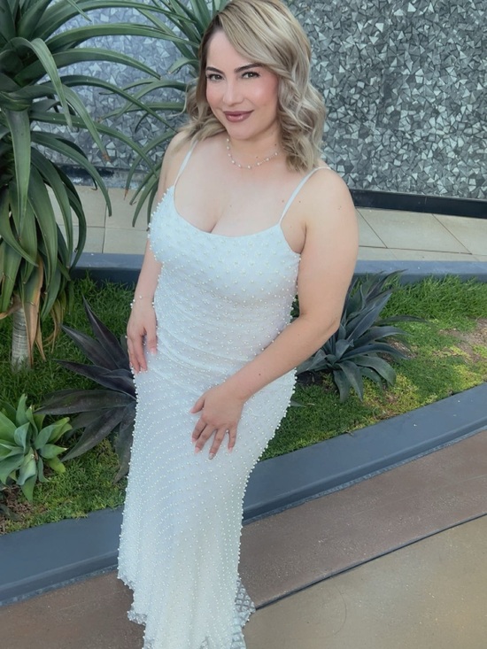 B Darlin Dresses & Skirts - B Darlin White Pearl-Embellished Strapless-Look Spaghetti Strap Gown